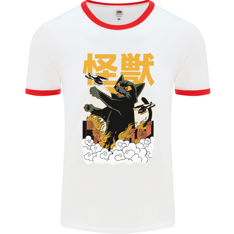 Catzilla Funny Cat Monster Parody Mens White Ringer T-Shirt White/Red