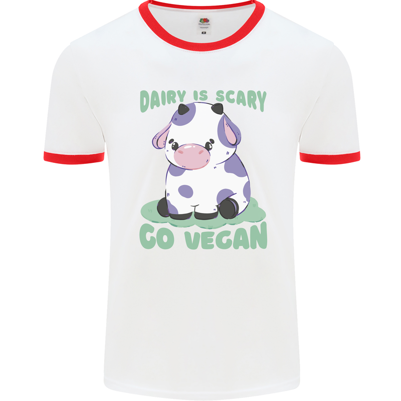 Dairy Is Scary Go Vegan Funny Mens White Ringer T-Shirt White/Red