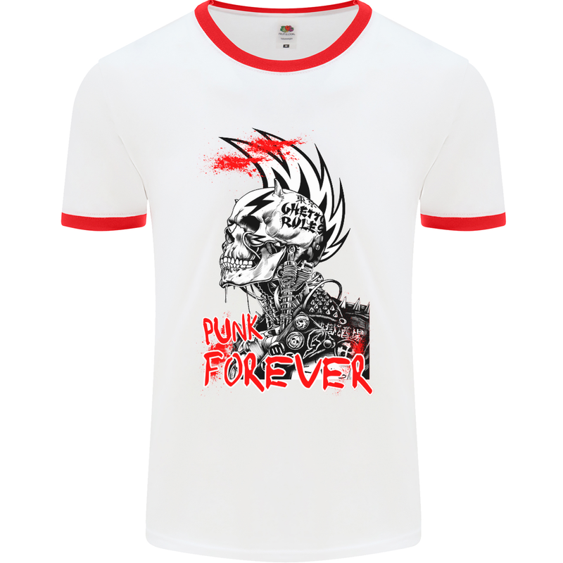 Punk Forever Rocker Skull Music Festival Mens White Ringer T-Shirt White/Red