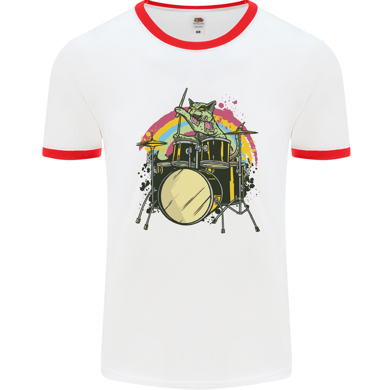 Zombie Cat Drummer Mens White Ringer T-Shirt White/Red