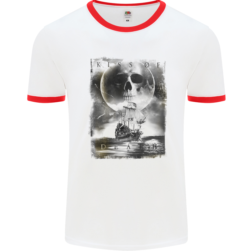 Kiss of Death Pirates Sailing Sailor Mens White Ringer T-Shirt White/Red