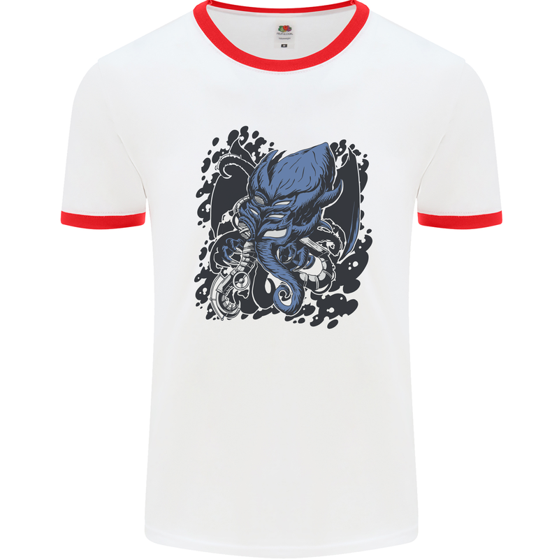 Cyberpunk Cthulhu Kraken Octopus Mens White Ringer T-Shirt White/Red