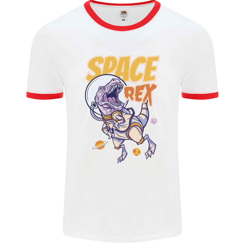 Space T-Rex Dinosaur Dino Astronaut Mens White Ringer T-Shirt White/Red