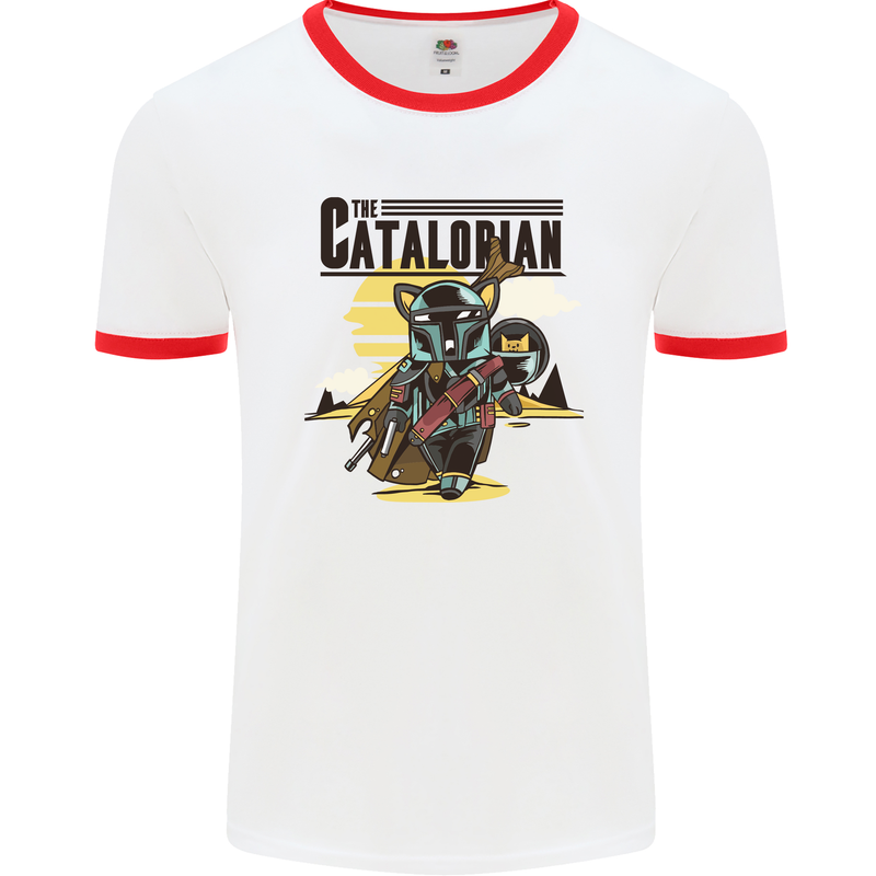 Catalorian Funny Cat Parody Mens White Ringer T-Shirt White/Red