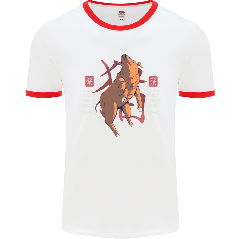 Chinese Zodiac Shengxiao Year of the Pig Mens White Ringer T-Shirt White/Red