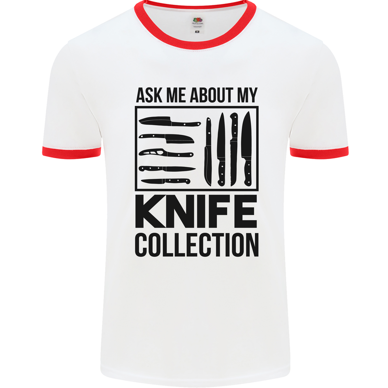 Funny Chef Ask About My Knife Collection Mens White Ringer T-Shirt White/Red