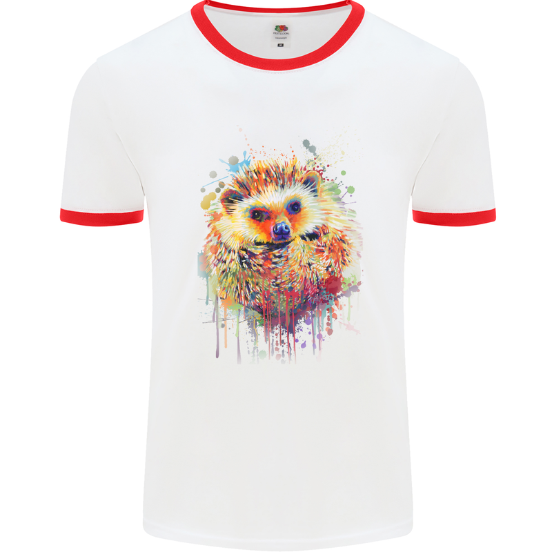 Watercolour Hedgehog Mens White Ringer T-Shirt White/Red