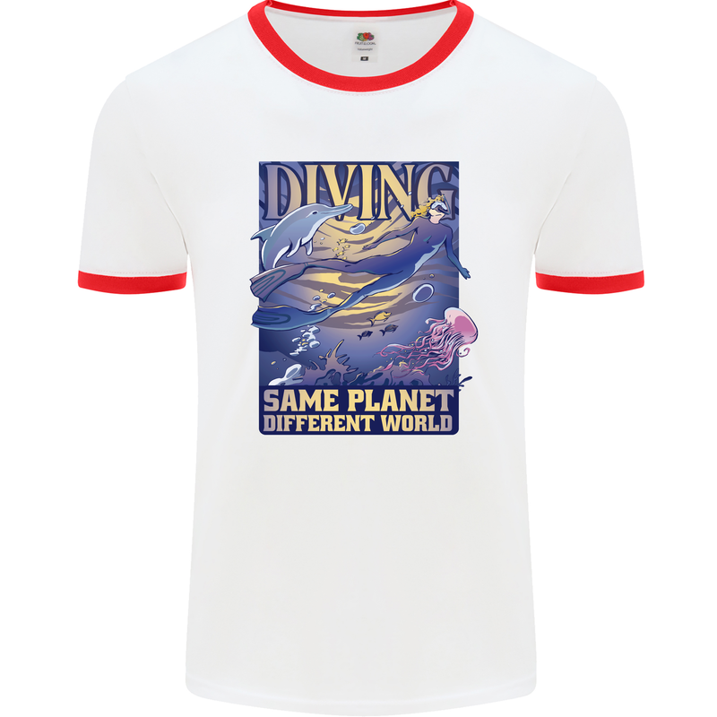 Diver Same Planet Different World Mens White Ringer T-Shirt White/Red