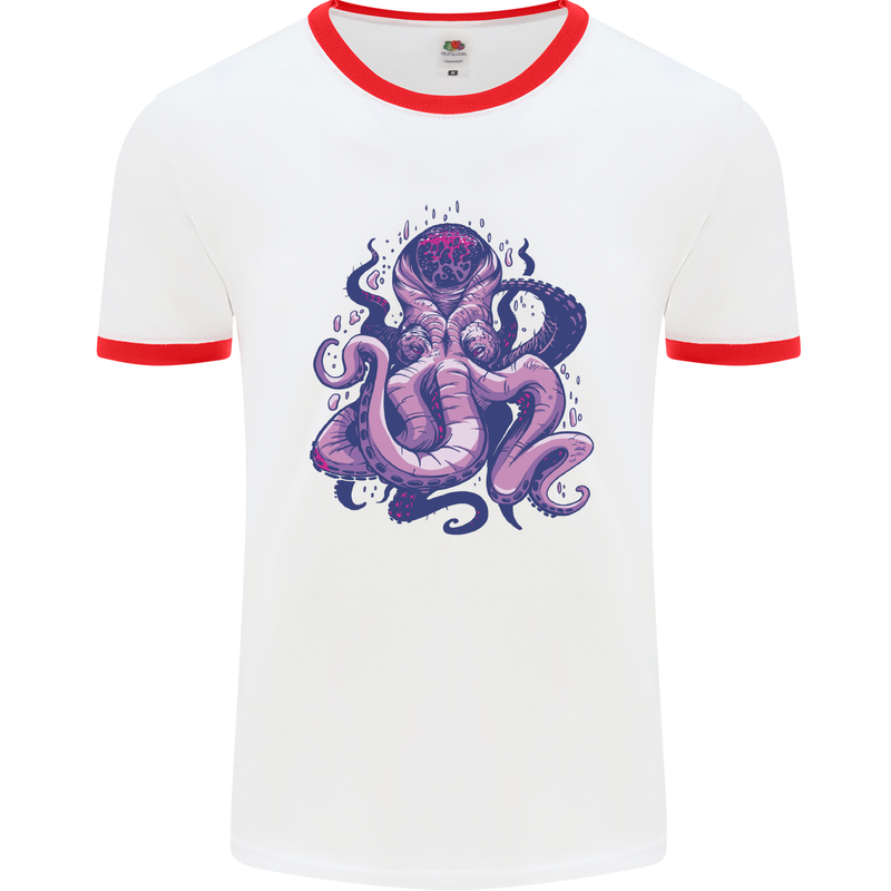 Purple Cthulhu Kraken Octopus Mens White Ringer T-Shirt White/Red