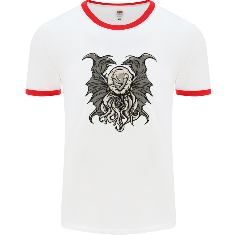 Cthulhu Entity Kraken Mens White Ringer T-Shirt White/Red