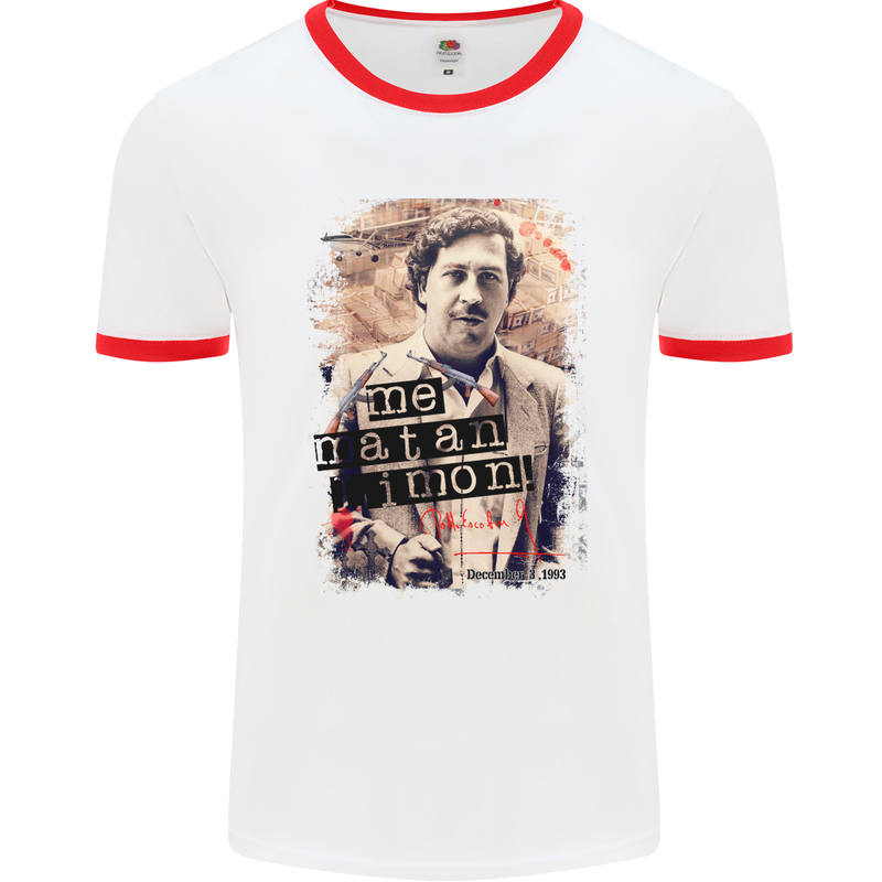 Pablo Escobar Me Matan Limon Mens White Ringer T-Shirt White/Red