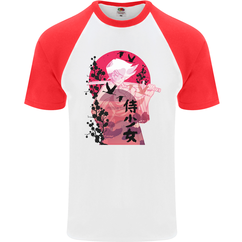Anime Samurai Woman With Sword Mens S/S Baseball T-Shirt White/Red