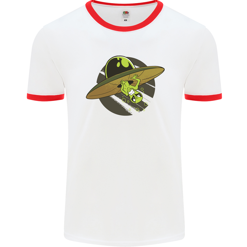 A Funny Alien Stuck in a UFO Flying Saucer Mens White Ringer T-Shirt White/Red