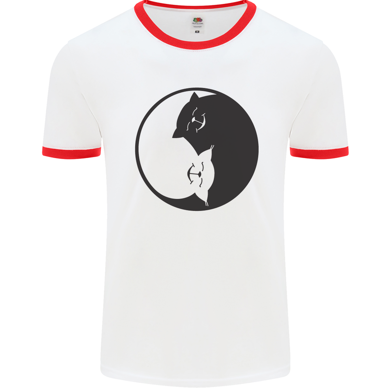 Yin Yang Cat Lover Funny Kitten Pet Mens White Ringer T-Shirt White/Red