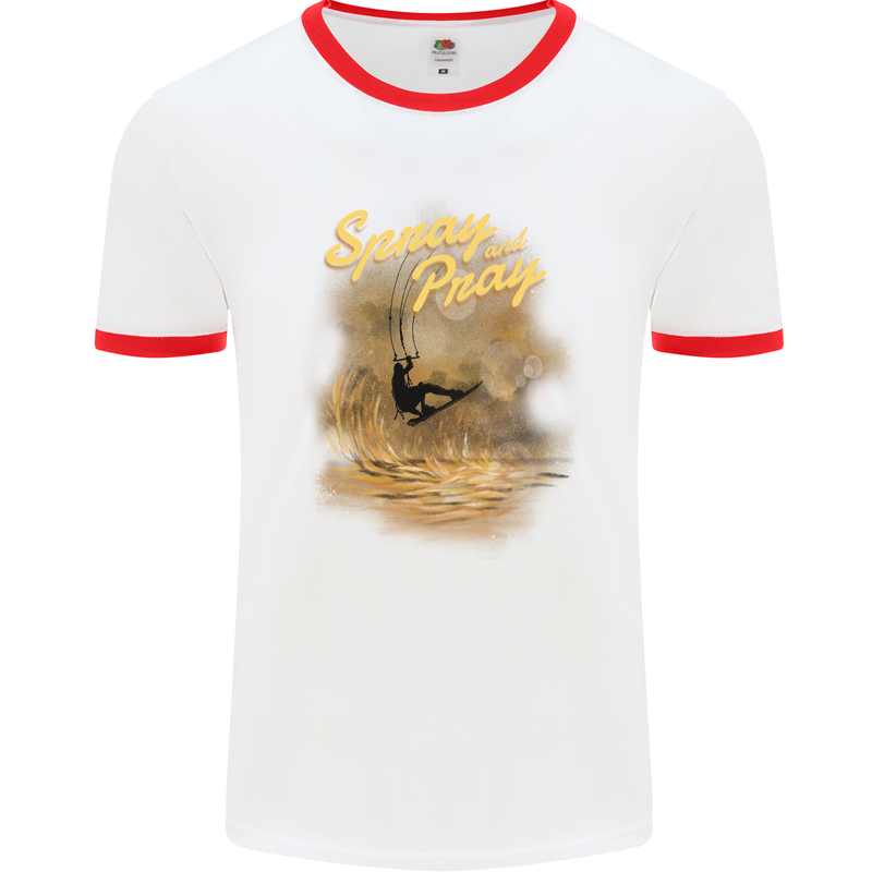 Kitesurfing Spray and Pray Mens Ringer T-Shirt White/Red