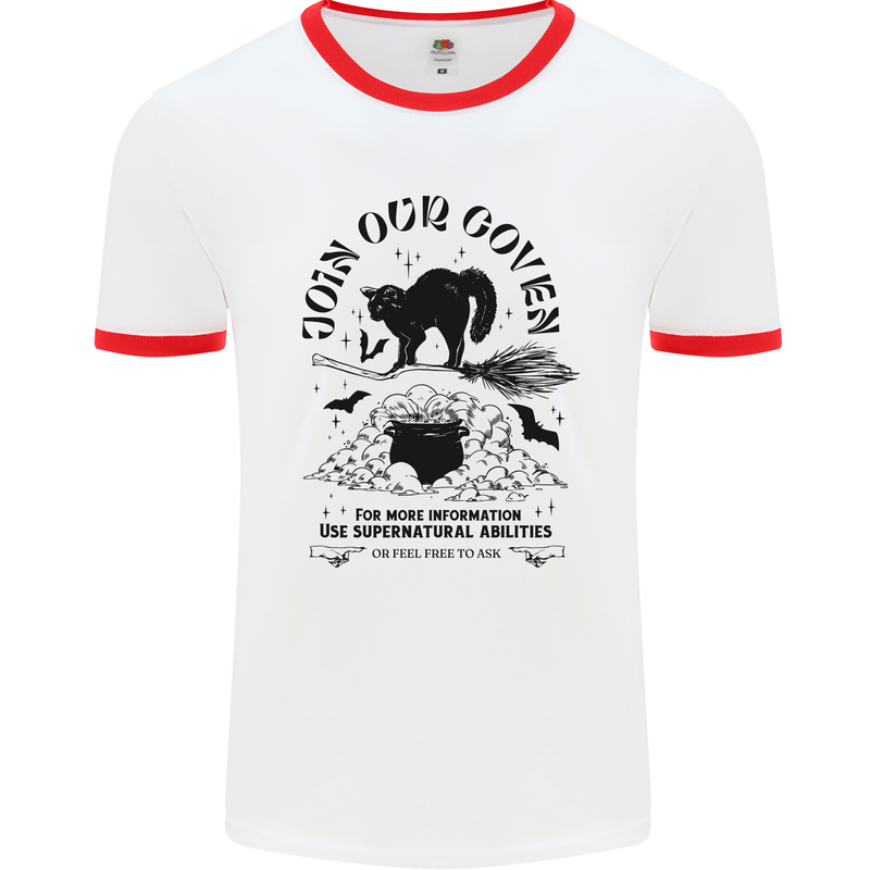 Join Our Coven Funny Halloween Cat Mens White Ringer T-Shirt White/Red