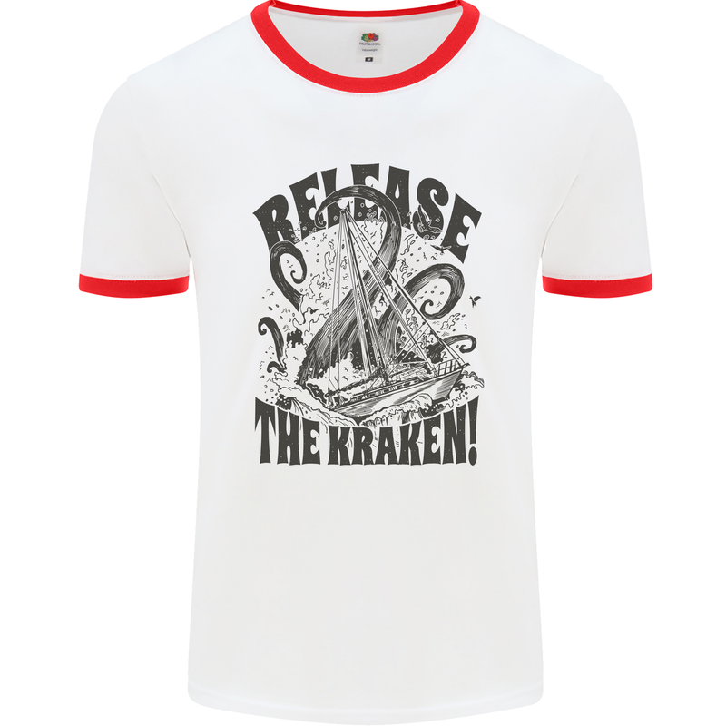 Release the Kraken Cthulhu Sea Creature Mens White Ringer T-Shirt White/Red