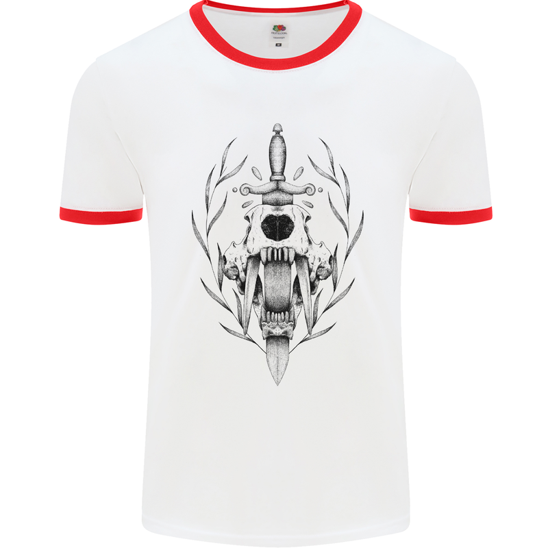 Sabre Tooth Tiger Skull Sword Mens White Ringer T-Shirt White/Red