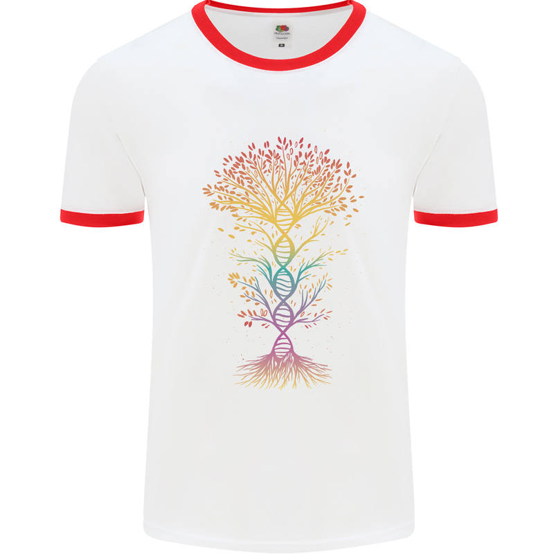 Colourful DNA Tree Biology Science Mens White Ringer T-Shirt White/Red