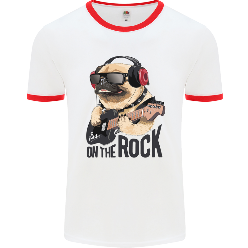 Rock n Roll Pug Funny Guitar Heavy Metal Mens White Ringer T-Shirt White/Red