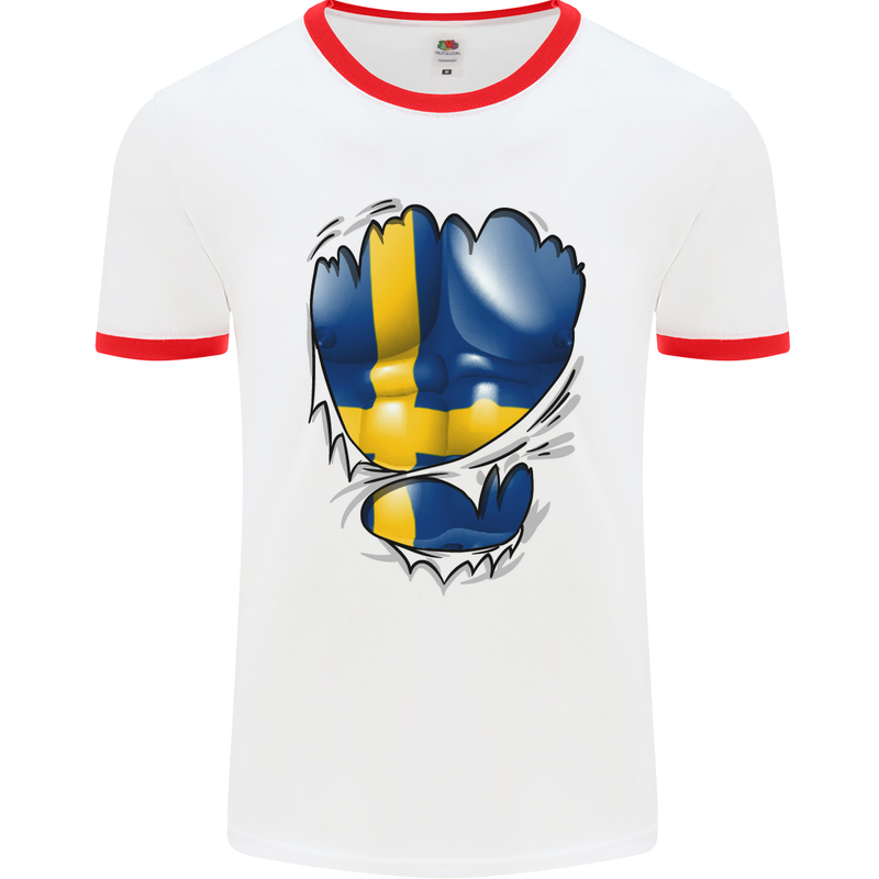 Gym Swedish Flag Ripped Muscles Sweeden Mens White Ringer T-Shirt White/Red