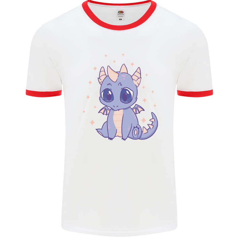 Cute Kawaii Baby Dragon Mens White Ringer T-Shirt White/Red