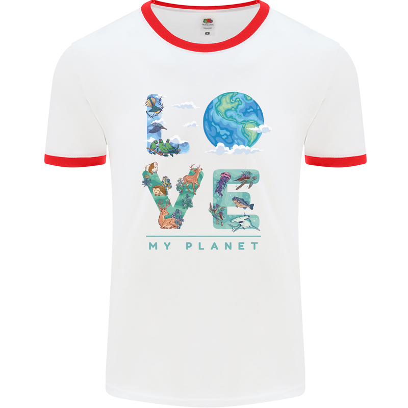 Love My Planet Climate Change Environment Mens White Ringer T-Shirt White/Red