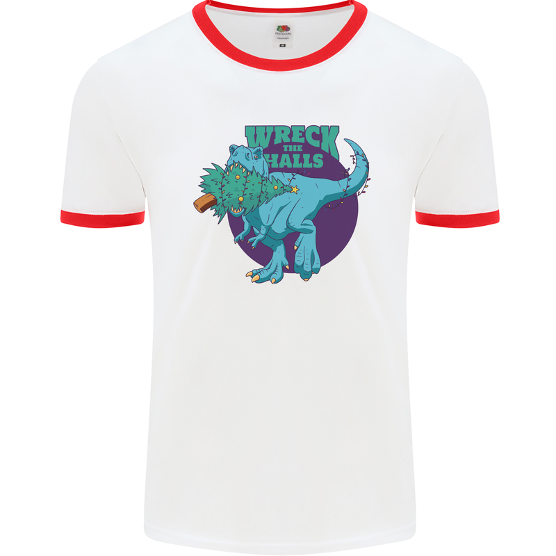 T-Rex Ruining Christmas Wreck the Halls Mens White Ringer T-Shirt White/Red