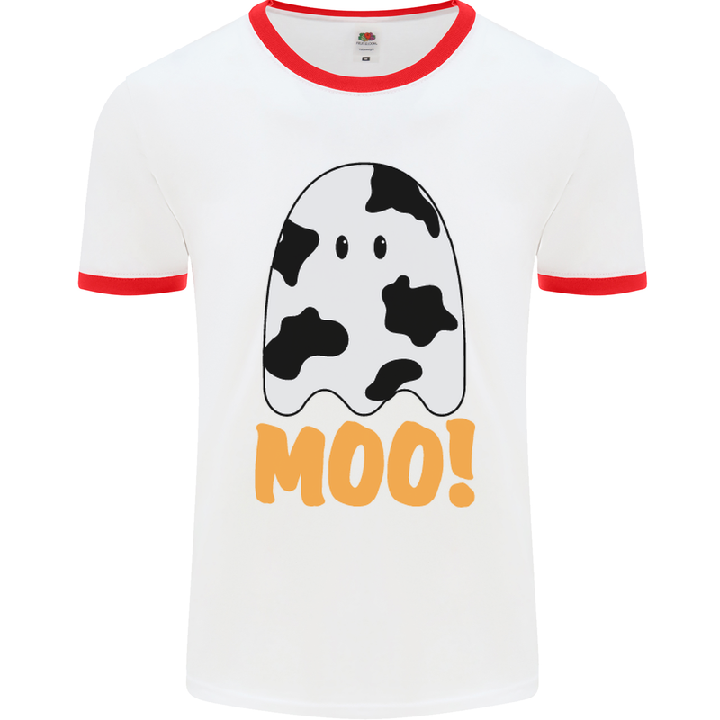 Moo Funny Cow Ghost Halloween Spooky Mens White Ringer T-Shirt White/Red