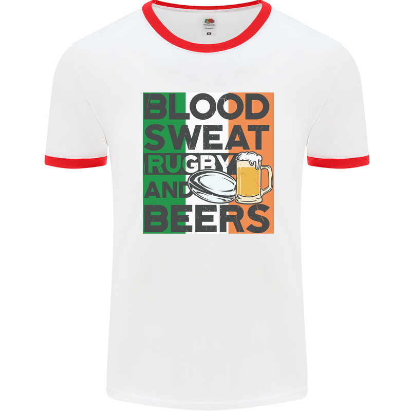 Blood Sweat Rugby and Beers Ireland Funny Mens White Ringer T-Shirt White/Red