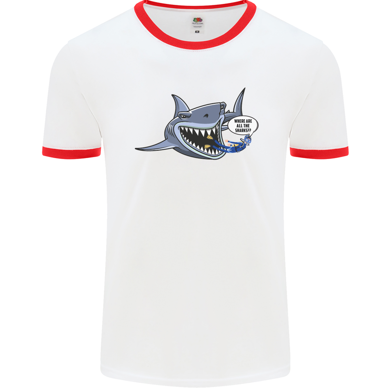 Where Are the Sharks? Scuba Diving Diver Mens White Ringer T-Shirt White/Red