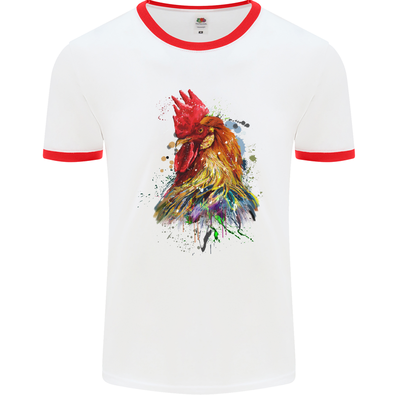 A Chicken Watercolour Mens White Ringer T-Shirt White/Red