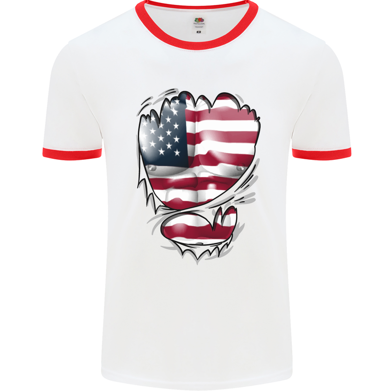 Gym Stars & Stripes American Flag Ripped Mens White Ringer T-Shirt White/Red