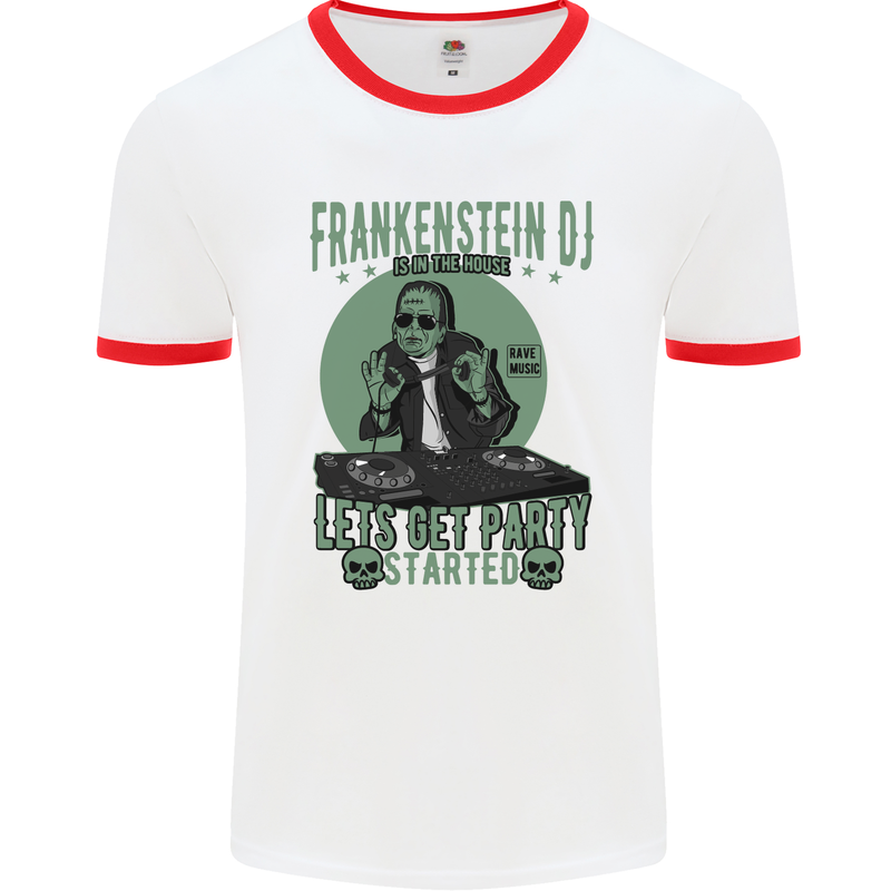 DJ Frankenstein Funny Music Vinyl Halloween Mens White Ringer T-Shirt White/Red