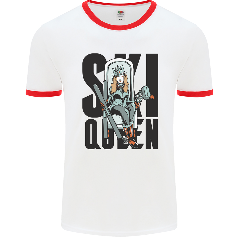 Ski Queen Funny Skiing Mens Ringer T-Shirt White/Red