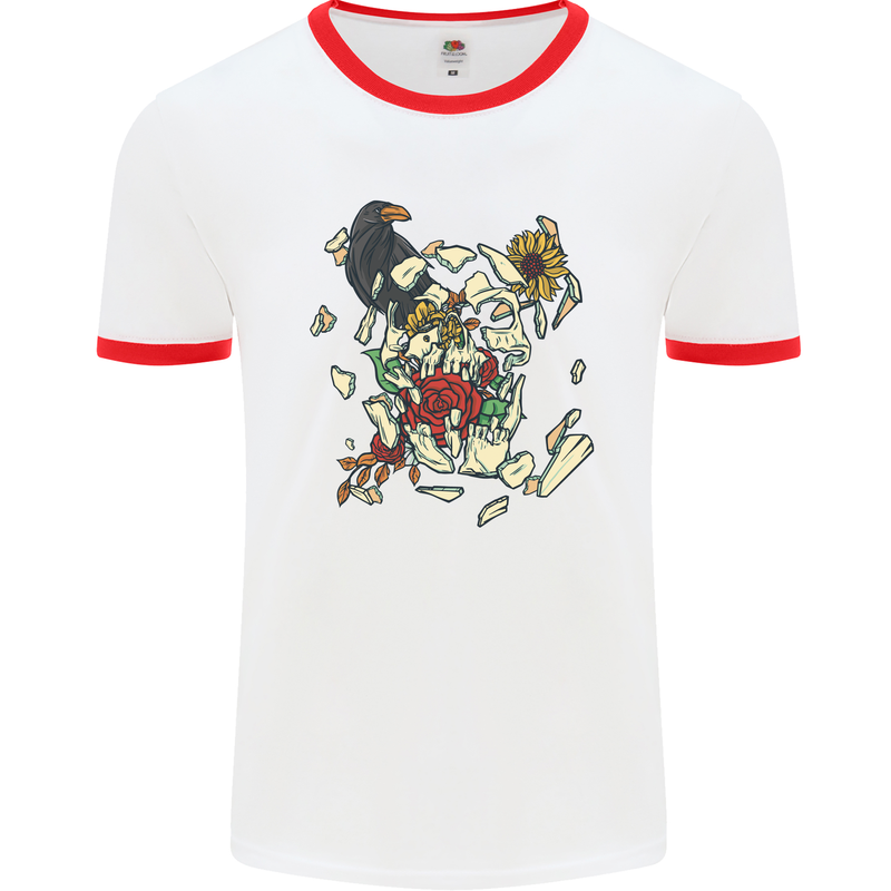 Broken Skull With Roses & Raven Mens White Ringer T-Shirt White/Red