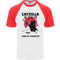 Catzilla Funny Cat Parody Mens S/S Baseball T-Shirt White/Red