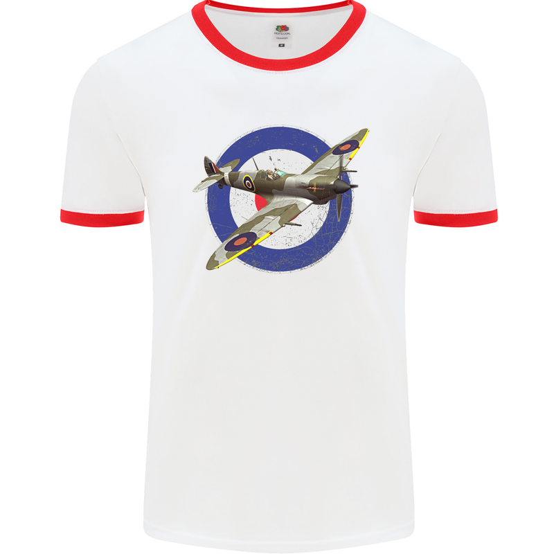 Spitfire MOD RAF WWII Fighter Plane British Mens White Ringer T-Shirt White/Red