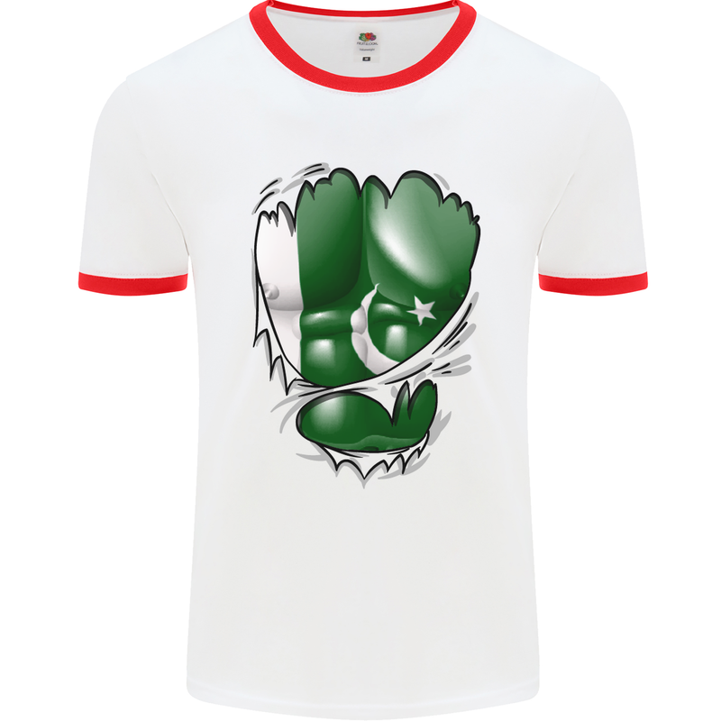 Gym The Pakistan Flag Ripped Muscles Effect Mens White Ringer T-Shirt White/Red