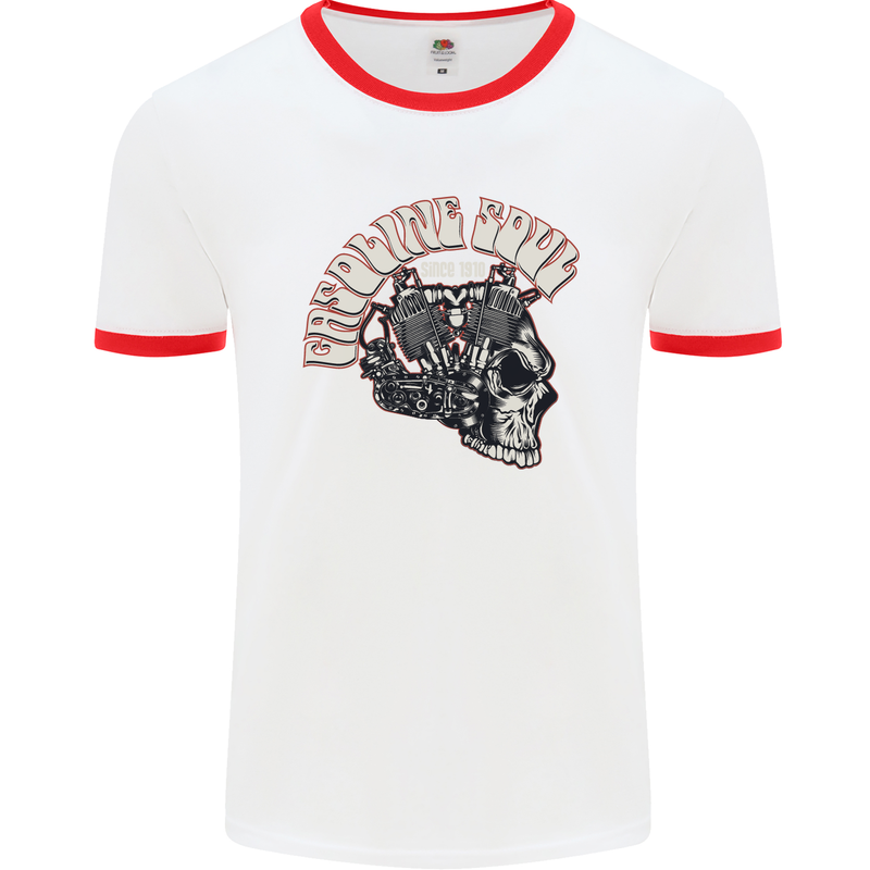 Gasoline Soul Biker Skull Motorbike Chopper Mens White Ringer T-Shirt White/Red