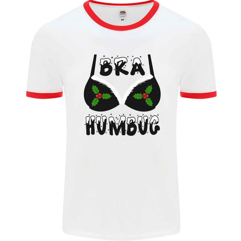 Bra Humbug Holly Funny Christmas Xmas Mens White Ringer T-Shirt White/Red