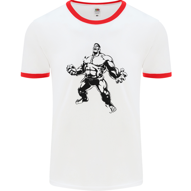 Muscle Man Gym Training Top Bodybuilding Mens White Ringer T-Shirt White/Red