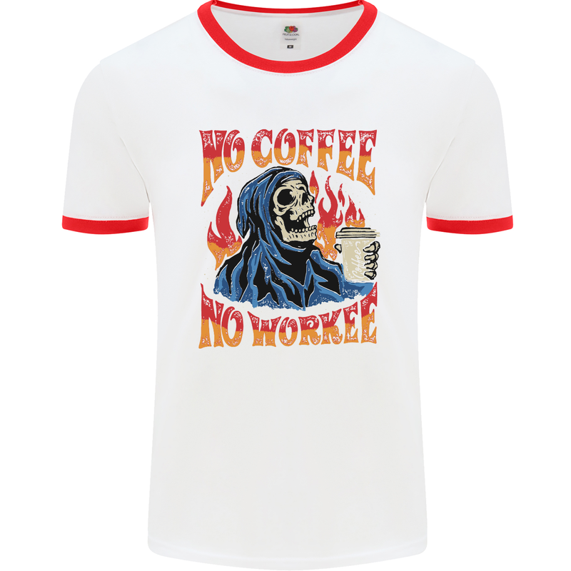 No Coffee No Work Funny Skull Grim Reaper Mens White Ringer T-Shirt White/Red