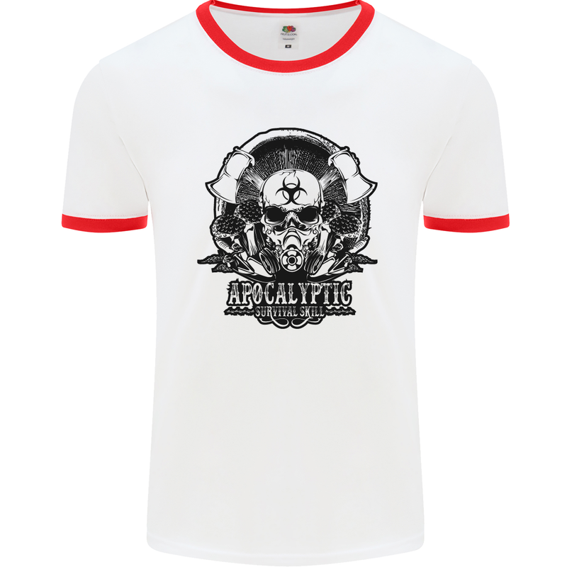 Apocalyptic Survival Skull Gamer Gaming Mens White Ringer T-Shirt White/Red