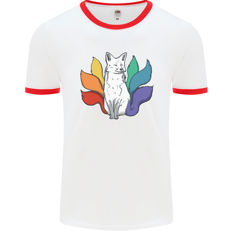 LGBT Kitsune Fox Gay Pride Mens White Ringer T-Shirt White/Red