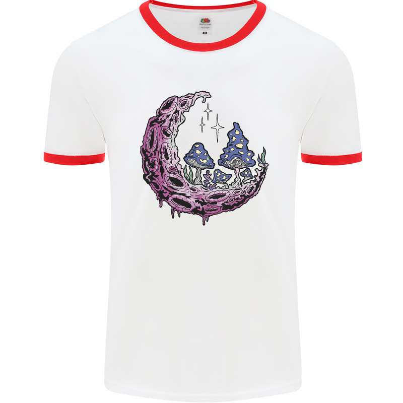 Trippy Magic Mushroom Moon LSD Psychedelic Mens Ringer T-Shirt White/Red