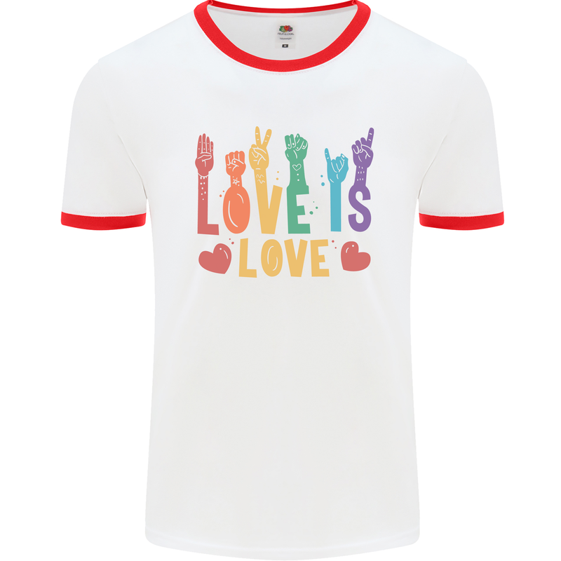 LGBT Sign Language Love Is Gay Pride Day Mens White Ringer T-Shirt White/Red