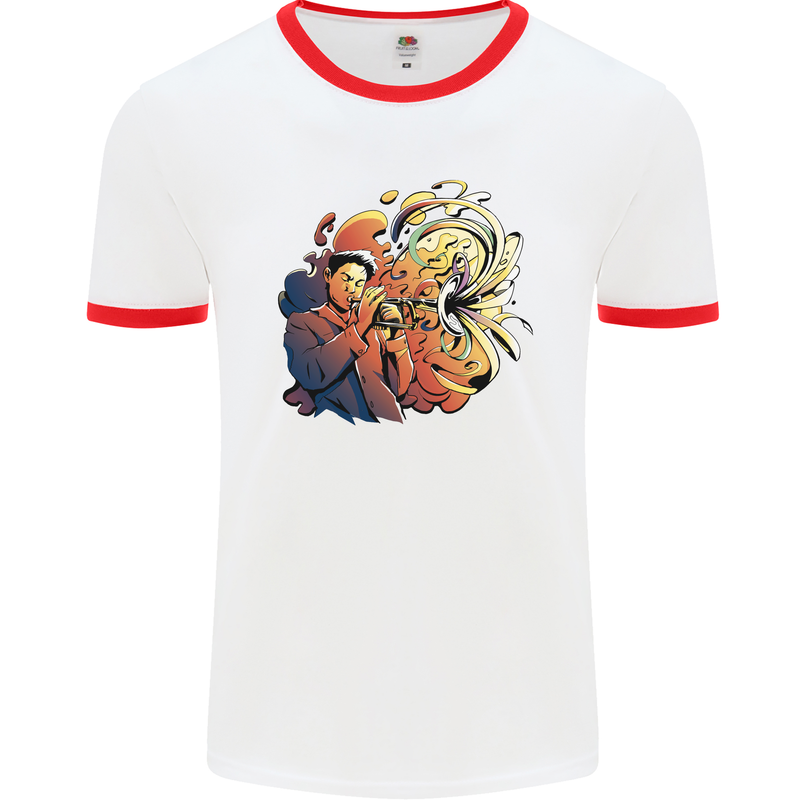 Tumpet Player Jazz Mens White Ringer T-Shirt White/Red