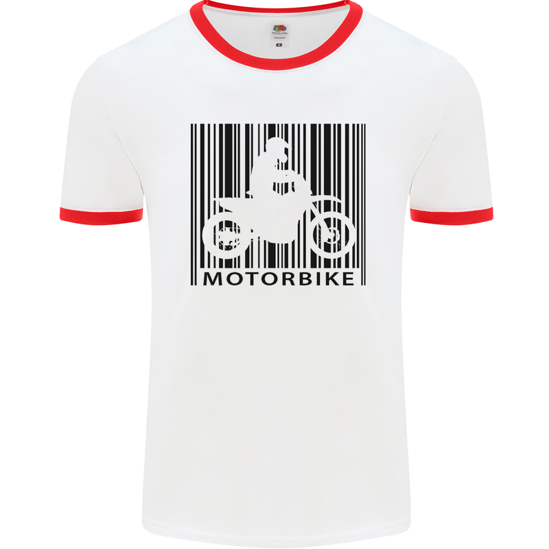 Motorbike Barcode Biker Motorcycle Mens White Ringer T-Shirt White/Red