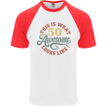 50th Birthday 50 Year Old Awesome Looks Like Mens S/S Baseball T-Shirt White/Red